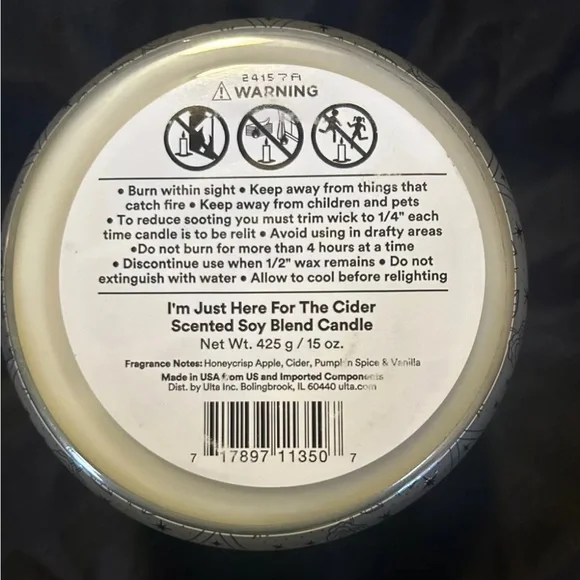 Halloween I’m Just Here For The Cider 15oz. Soy Blend Jar Candle Ulta New - Picture 5 of 5